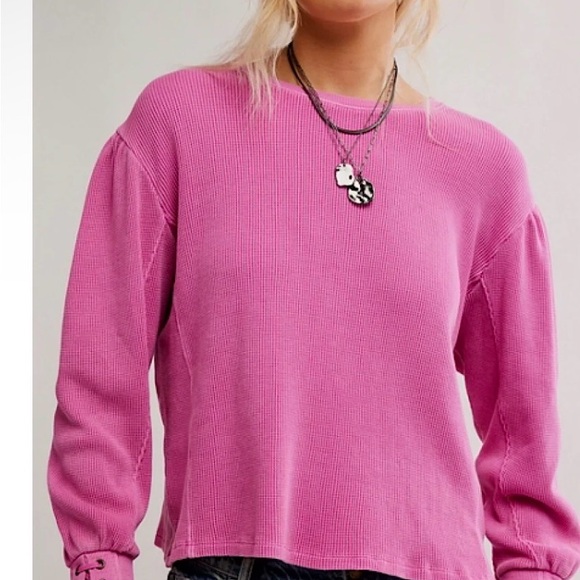 FREE PEOPLE LAPIS CUFF WAFFLE KNIT TOP PLUMDROP NWT Oversized XS - Picture 2 of 12